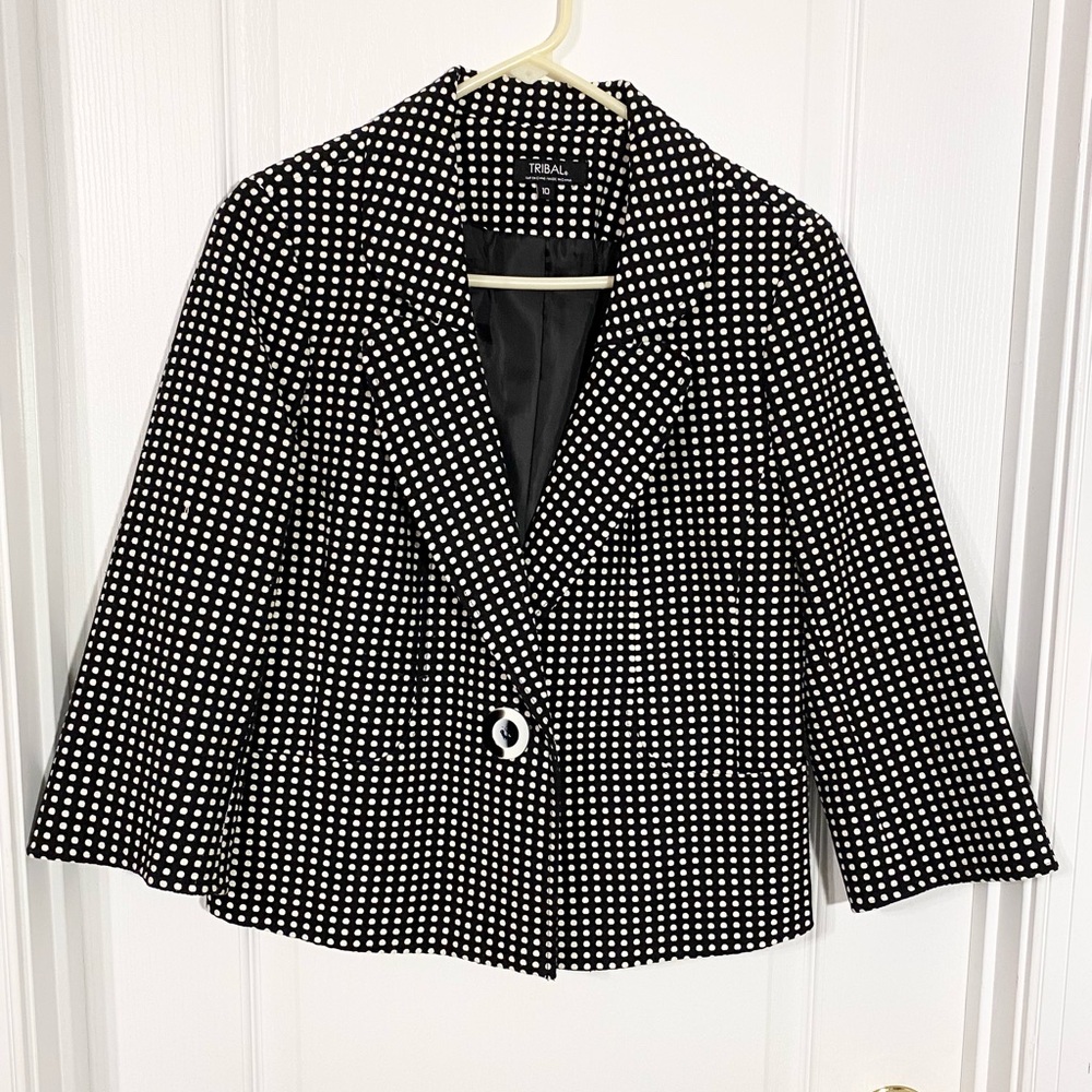 Y2K Tribal Polka Dot 3/4 Sleeve Cropped Blazer Black White Size 10